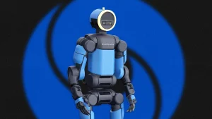 Boston Dynamic Atlas humanoid robot with Google DeepMind logo in background