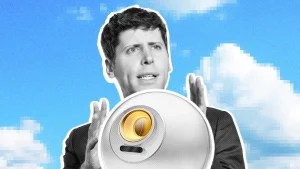 OpenAI CEO Sam Altman with eyeball scanning World orb and pixel clouds