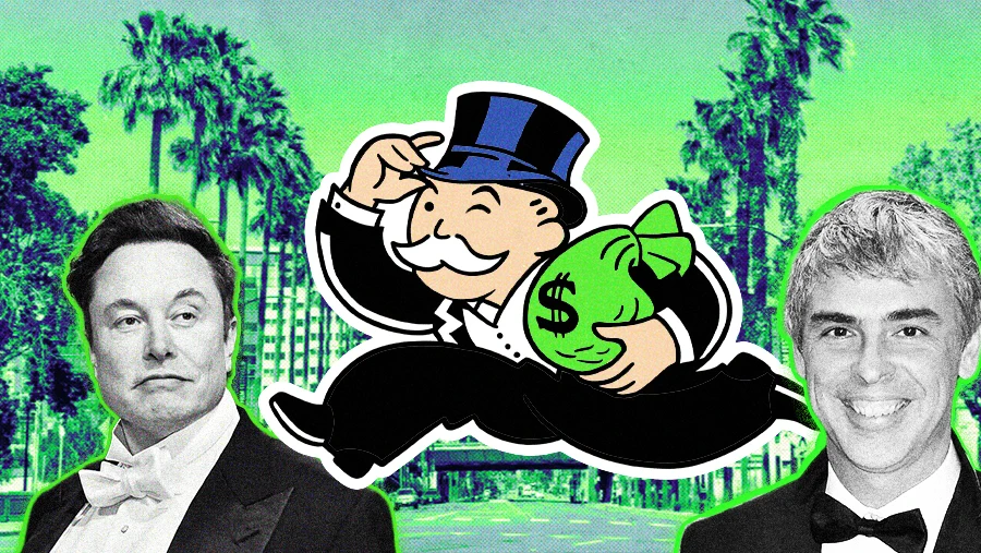 Silicon Valley billionaires Elon Musk and Larry Paige with monopoly guy