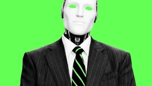 AI robot chatbot in suit and tie Wolf of Wall Street trading robot