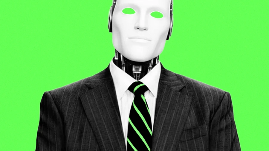 AI robot chatbot in suit and tie Wolf of Wall Street trading robot