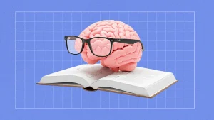 brain wearing AI smart glasses and reading book