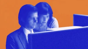 man woman pixelated faces looking at work screens from Severance