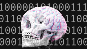 skull with risograph brain and binary code