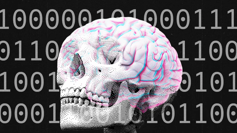 skull with risograph brain and binary code