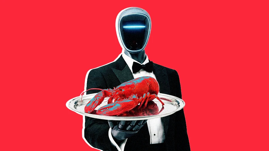 robot butler holding tray with lobster