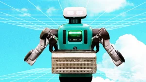 Agility's Digit humanoid robot on a grid with clouds