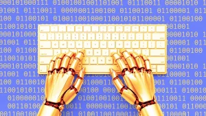 ai agent robot typing on keyboard