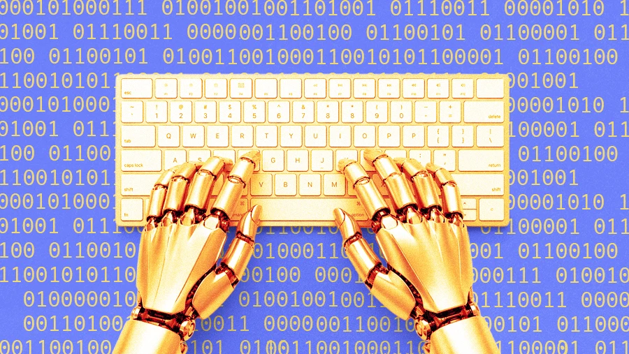 ai agent robot typing on keyboard