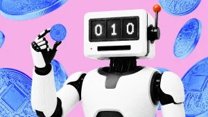 AI agent robot slot machine holding a token