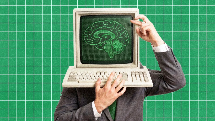businessman with a retro 90s computer for a head on graph background