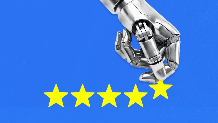 AI robot hand placing star to give 5 star review