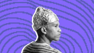 man wearing tinfoil beanie hat on wavy pixel background