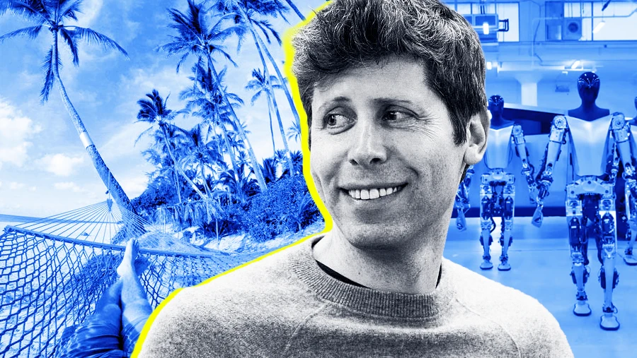 OpenAI CEO Sam Altman AI utopia beach relaxing while robots do work