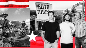 editorial collage Proto Town Texas startup commune
