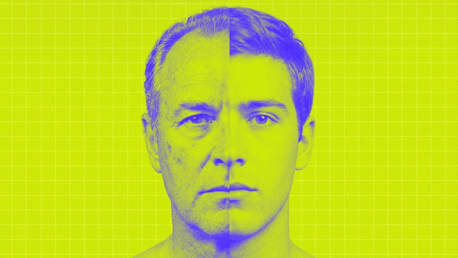 longevity man face divided into old and young