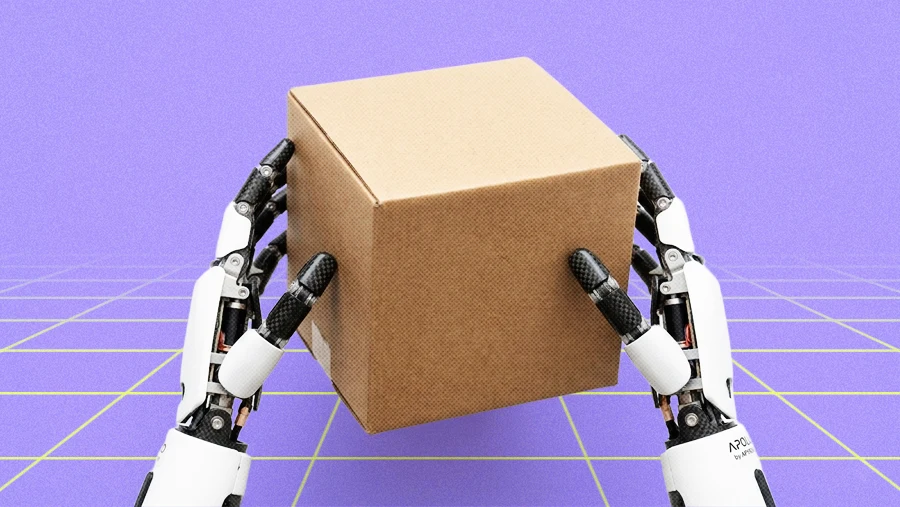 humanoid robot hands holding box in simulated first person world model