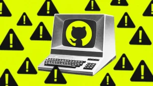 digital retro tech computer with Github logo and warning signs