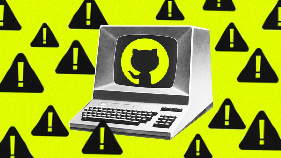 digital retro tech computer with Github logo and warning signs