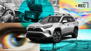 glitch collage video recording car driven by AI model in San Francisco