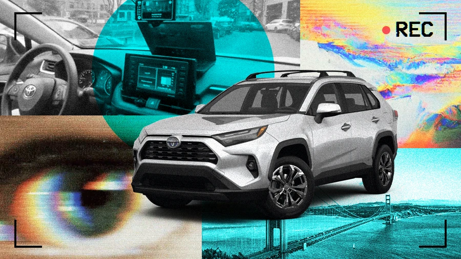 glitch collage video recording car driven by AI model in San Francisco