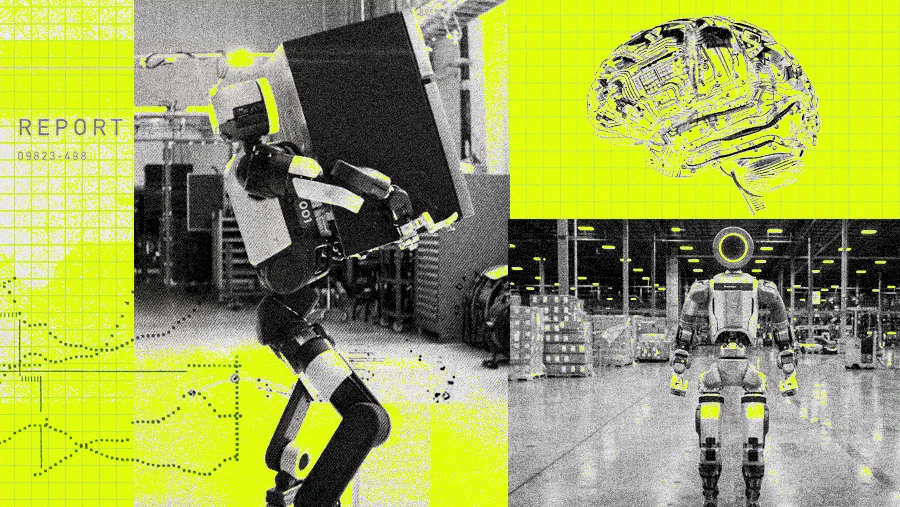 editorial collage Boston Dynamics humanoid robot AGI