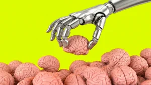AI editorial image of robot hand picking up brain from a pile
