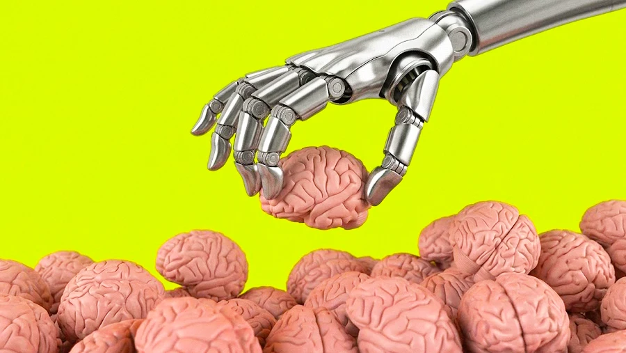 AI editorial image of robot hand picking up brain from a pile