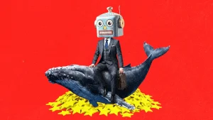 surrealist image of a businessman with a retro robot face riding a whale