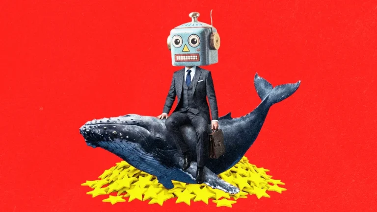 surrealist image of a businessman with a retro robot face riding a whale