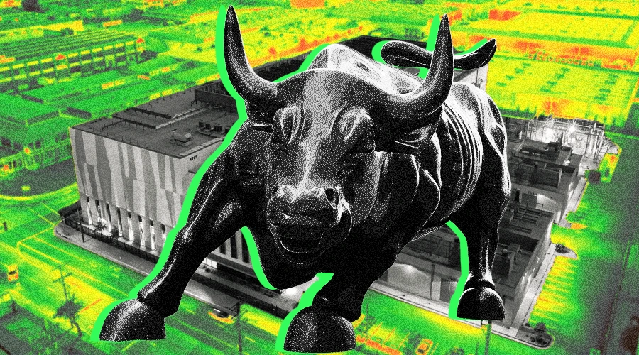 Wall Street bull on cyber AI data center background