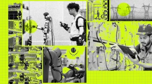 editorial collage AI energy data centers electricians robots
