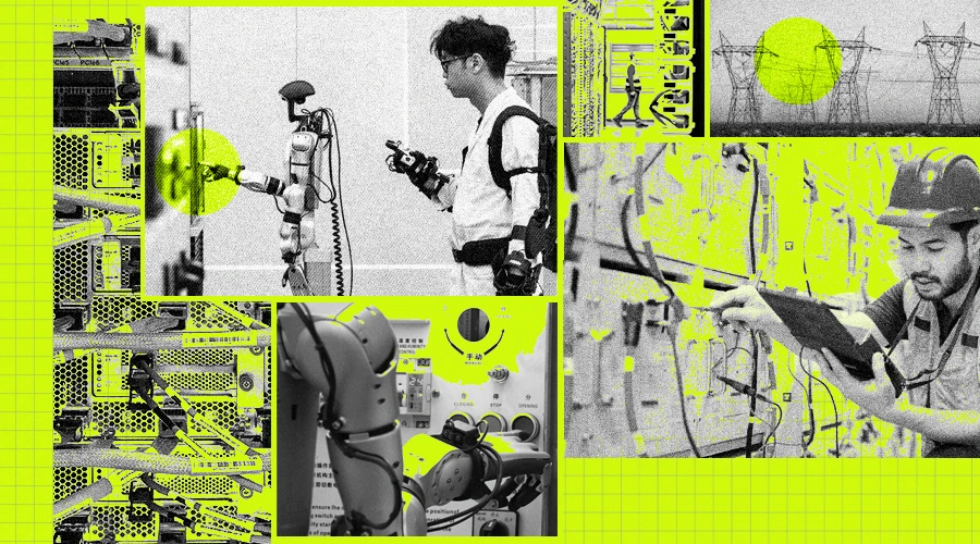 editorial collage AI energy data centers electricians robots