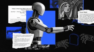 photo collage of AI robot with research paper clippings and Picasso art