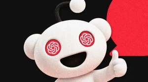 editorial image of Reddit Snoo mascot with OpenAI logo in eyes