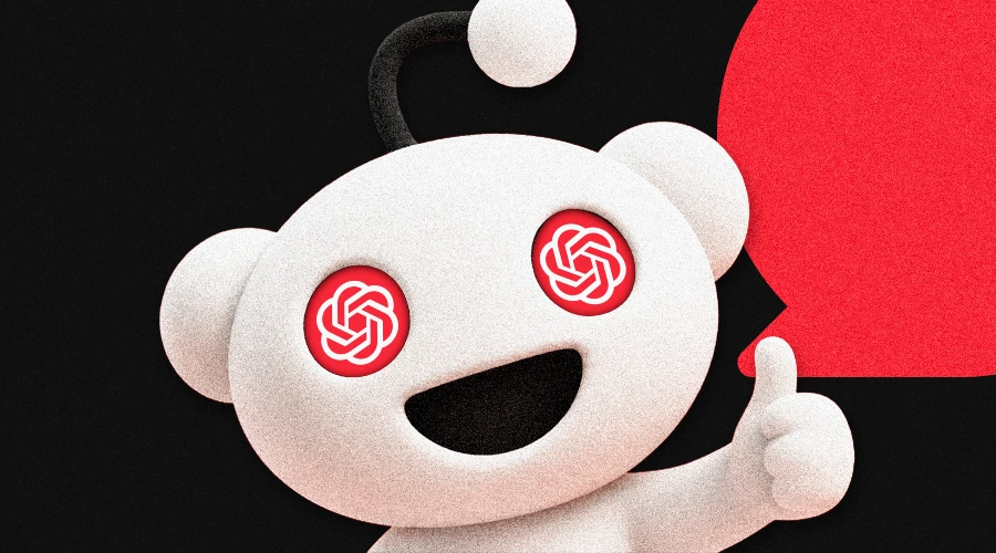 editorial image of Reddit Snoo mascot with OpenAI logo in eyes