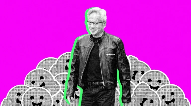 Nvidia CEO Jensen Huang with pile of Hugging Face logos
