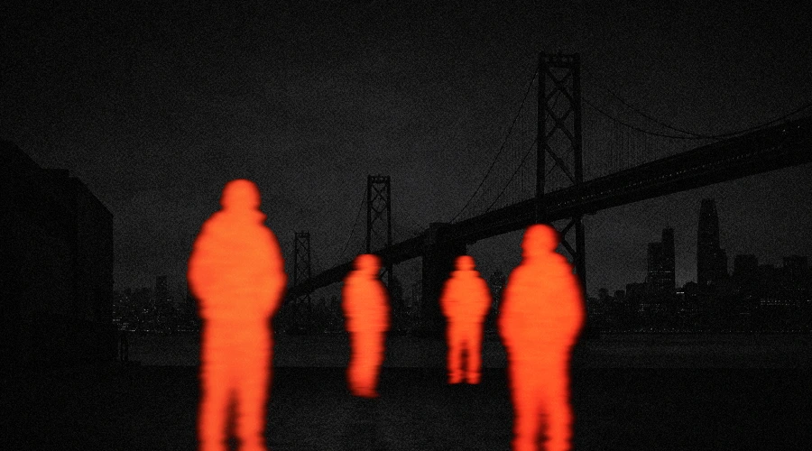 moody editorial image of San Francisco Bay Bridge with glowing orange people outlined