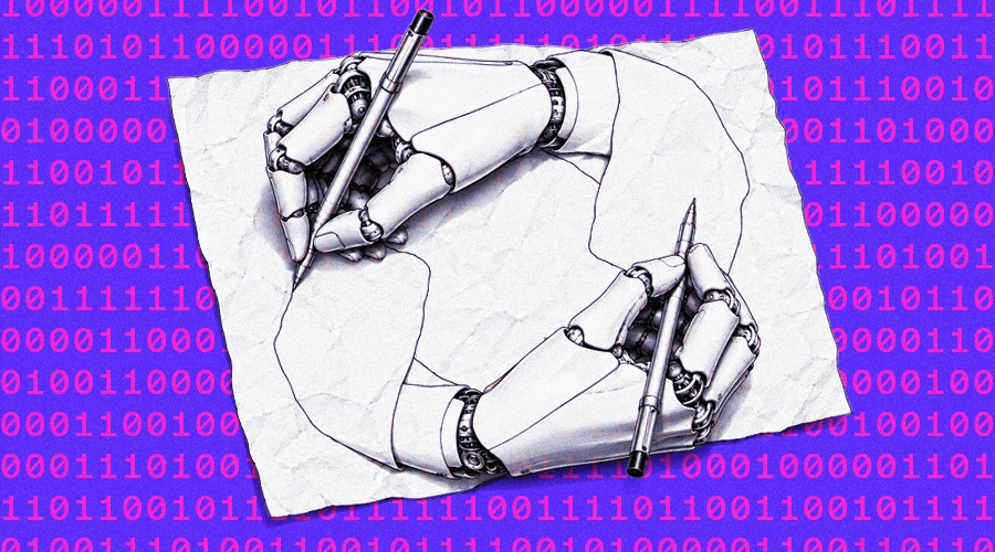 robot hands writing in style of MC Escher drawing hands