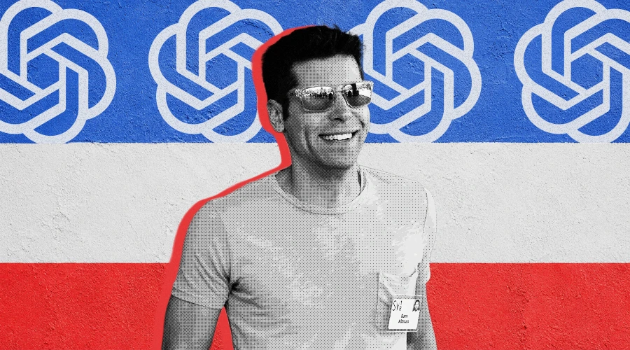 OpenAI CEO Sam Altman on US flag background with OpenAI logos