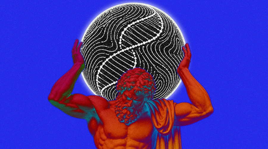 futuristic image Atlas holding DNA globe