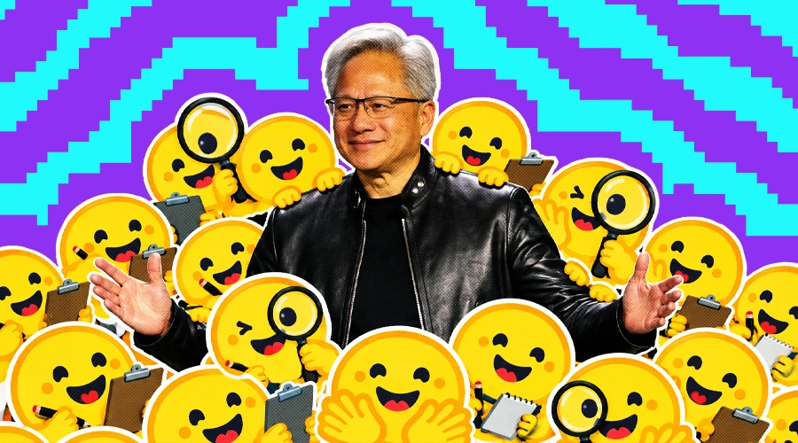 Nvidia CEO Jensen Huang surrounded by helpful Hugging Face minions