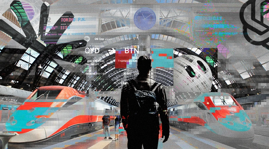 techno glitch editorial collage of a train station
