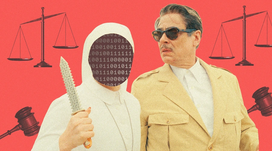 editorial collage scales of justice and ruthless AI agent