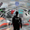 techno glitch editorial collage of a train station