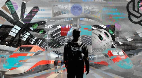 techno glitch editorial collage of a train station