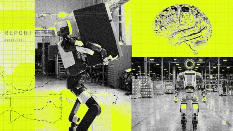 editorial collage Boston Dynamics humanoid robot AGI