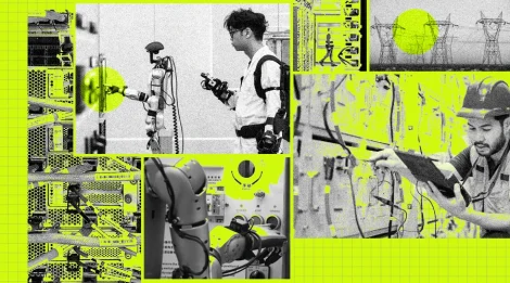 editorial collage AI energy data centers electricians robots