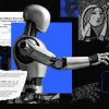 photo collage of AI robot with research paper clippings and Picasso art