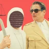 editorial collage scales of justice and ruthless AI agent